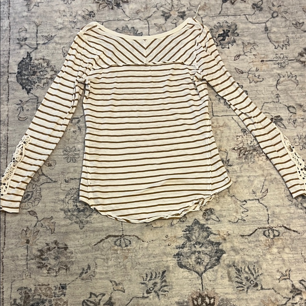 Free People Boho Lace Sleeve Striped Top Cream Soft Girl Indie long sleeved Tee - Picture 6 of 8